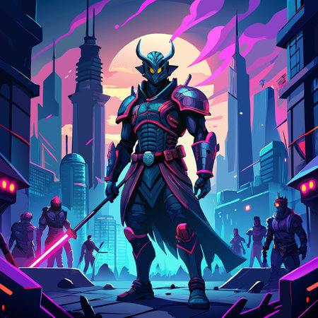 Vector illustration of a cyberpunk warrior on the background of the city.のイラスト素材