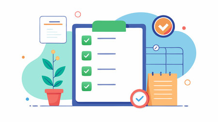 Clipboard with checklist, check mark and plant. Flat vector illustrationのイラスト素材