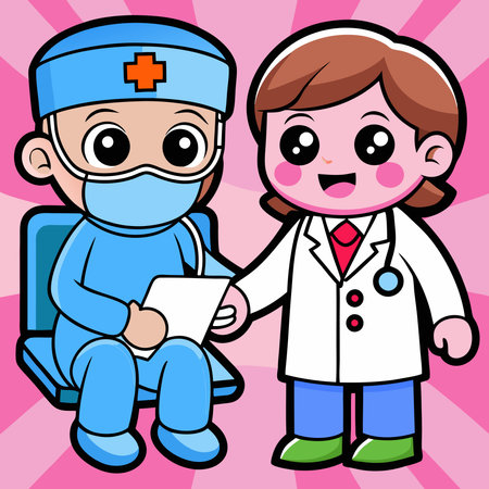 Illustration of a Kid Boy and Girl Doctor in a Doctor's Officeのイラスト素材