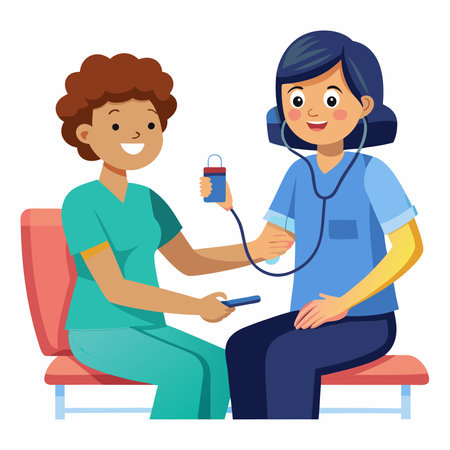 Nurse measuring blood pressure of a patient. Vector illustration in cartoon style.のイラスト素材