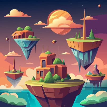 Fantasy landscape. Cartoon illustration of fantasy landscape vector background for web designのイラスト素材