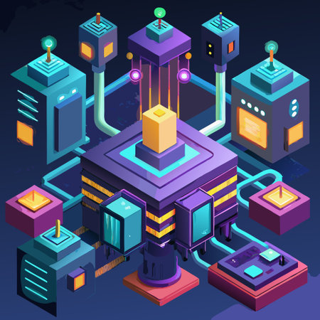 Data center isometric concept. Vector illustration of data center on blue background.のイラスト素材