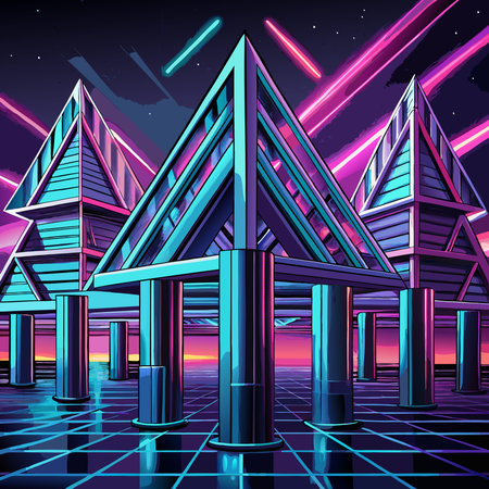 Futuristic building on the background of the night sky. Vector illustration.