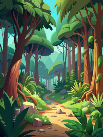 Forest scene with path and trees in cartoon style. Vector illustration.のイラスト素材