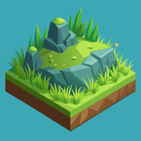 Isometric nature landscape with grass and stones. Vector illustration in flat styleのイラスト素材