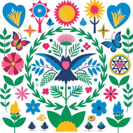 Floral pattern with flowers, butterflies and birds. Vector illustration.