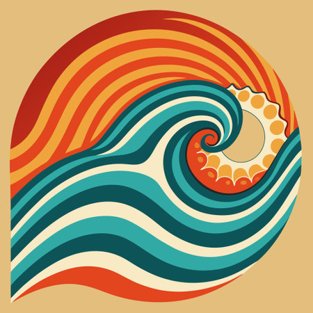 Abstract background with waves and seashells in retro style. Vector illustration.のイラスト素材