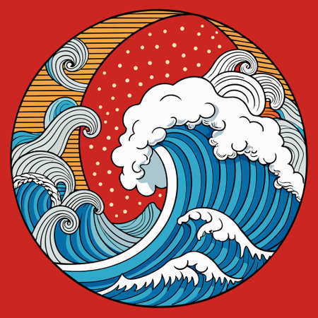 Sea waves on a red background. Vector illustration in cartoon style.のイラスト素材
