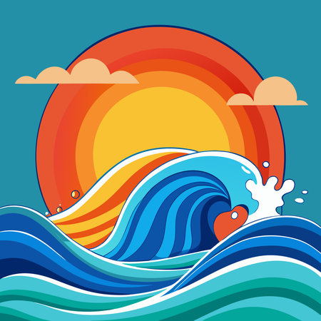 Summer background with sea wave, sun and heart. Vector illustration.のイラスト素材