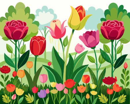 Flower garden with tulips. Vector illustration in flat style.のイラスト素材