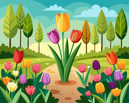 Tulips in the field. Spring nature background. Vector illustrationのイラスト素材