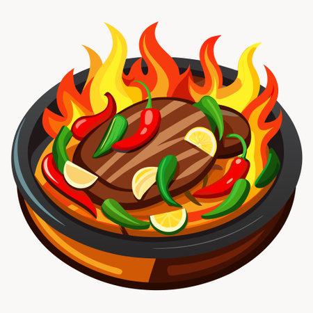 Steak with chili pepper and lemon on grill. Vector illustration.のイラスト素材