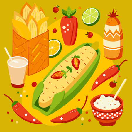 Mexican food vector illustration in flat style. Cucumber, corn, hot chili pepper, guacamoleのイラスト素材