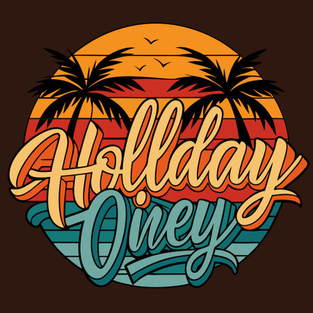 Holiday lettering composition with palm trees and sunset. Vector illustration.のイラスト素材