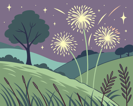 Night landscape with fireworks and grass. Vector illustration in flat style.のイラスト素材