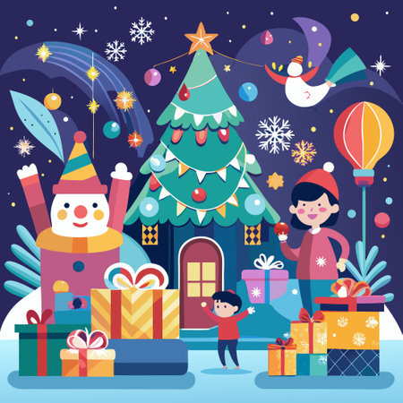 Christmas and New Year vector illustration with Santa Claus, snowman, elf, snowman, gifts and Christmas tree.t shirt design Vector Illustration.のイラスト素材