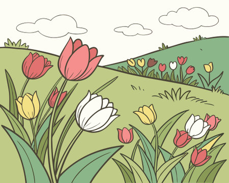 vector illustration of a spring meadow with tulips and other flowersのイラスト素材