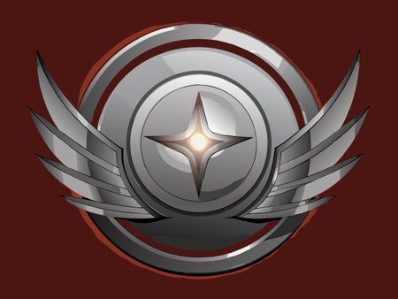 Silver shield with wings on a dark red background. Vector illustration.のイラスト素材
