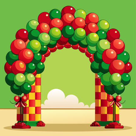 Illustration of a Christmas arch with balloons and gifts on a green backgroundのイラスト素材