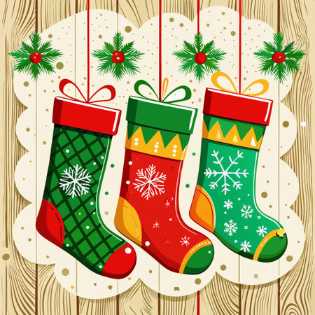Christmas greeting card with Christmas socks on wooden background. Vector illustration.のイラスト素材