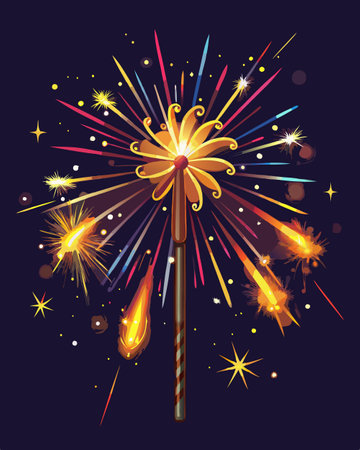 Magic wand with sparks and firework. Vector illustration in cartoon style.のイラスト素材