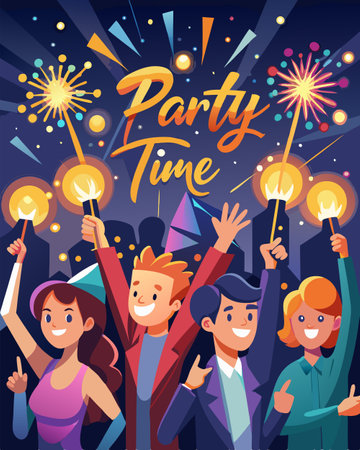 Diverse group of people celebrating happy birthday party with sparklers vector illustration graphic designのイラスト素材