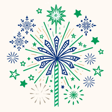 Vector illustration of a Christmas tree with fireworks and snowflakes.のイラスト素材