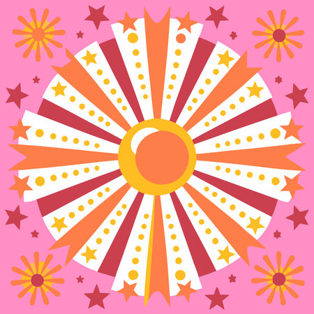 A vector illustration of a sun with stars on a pink background.のイラスト素材