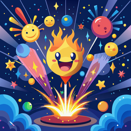Cartoon vector illustration of happy cartoon firecracker with rocket flying in space.のイラスト素材