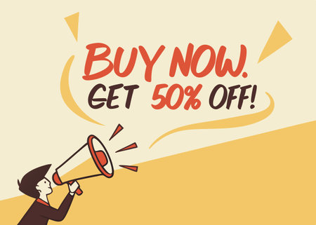 Text sign showing Buy Now Get Out Of Office. Conceptual photo Do not hesitate get working or doing stuff right away Man Shouting into Megaphone with Volume Icon.のイラスト素材