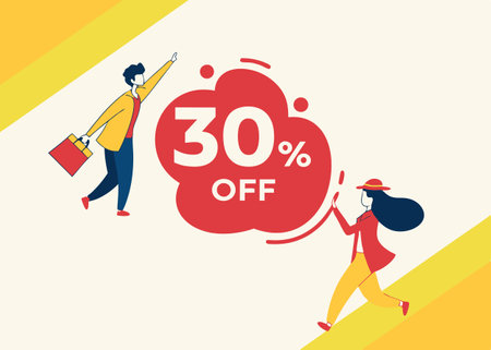 Discount offer banner with people. Vector illustration in flat style.のイラスト素材
