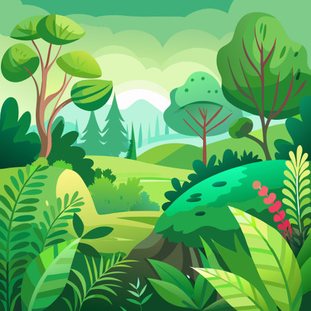Nature landscape with trees and grass in cartoon style. Vector illustration.のイラスト素材