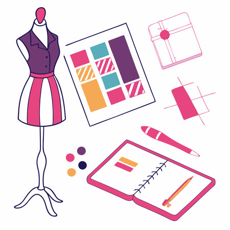 A vibrant and modern design featuring fashion learning tools enhanced with abstract color tones, symbolizing creativity, innovation, and the art of style. Ideal for fashion courses, branding, and design projects.のイラスト素材