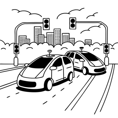 A sleek silhouette of automated vehicles represents the innovation and evolution of transportation technology. This design captures the essence of self-driving cars, futuristic mobility, and the shift toward smarter, sustainable travel solutions.のイラスト素材