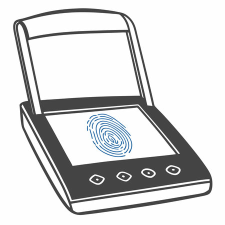 A sleek silhouette of a biometric fingerprint scanner embodies cutting-edge security and identity verification technology. This design highlights innovation in personal identification, ensuring secure, efficient, and modern authentication solutions.のイラスト素材