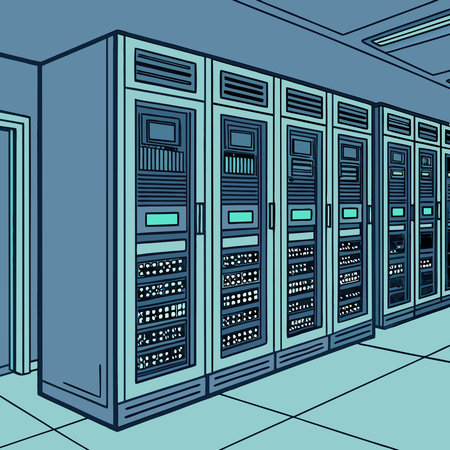 A minimalist silhouette of data server racks symbolizes the power and reliability of data centers. This design represents the core of cloud storage, network infrastructure, and enterprise level computing solutions in the digital age.のイラスト素材