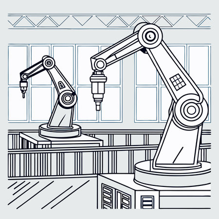 Minimalist silhouettes of industrial robot arms, symbolizing advanced automation, precision engineering, and the future of manufacturing. Ideal for tech branding, industrial design projects, and automation-focused campaigns.のイラスト素材