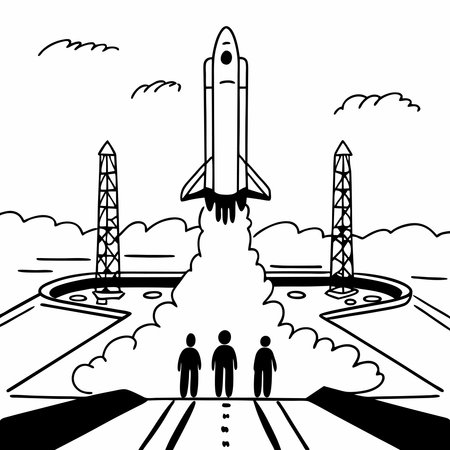 Dynamic silhouettes of rocket launches, capturing the excitement of space exploration, advanced technology, and human ambition. Perfect for aerospace branding, sci-fi visuals, and space-themed projects.のイラスト素材