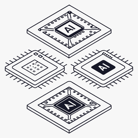 A precise and futuristic representation of AI chipsets arranged in a symmetrical grid. This design embodies the structure, connectivity, and computational power driving artificial intelligence and advanced technology.のイラスト素材