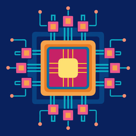 A precise and futuristic representation of AI chipsets arranged in a symmetrical grid. This design embodies the structure, connectivity, and computational power driving artificial intelligence and advanced technology.のイラスト素材