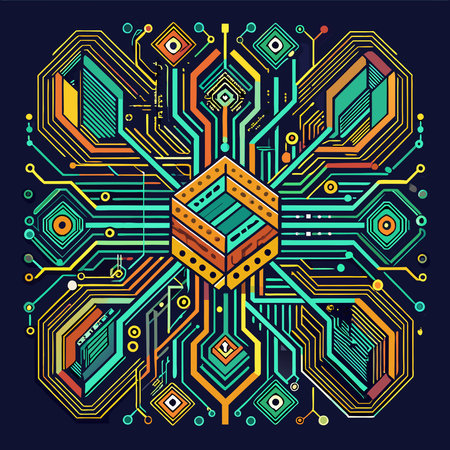 An intricate design of circuit board lines arranged in geometric shapes, symbolizing technology, connectivity, and the structured elegance of digital systems. Perfect for futuristic and tech-inspired projects.のイラスト素材