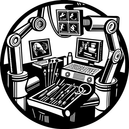 Minimalist silhouettes of robotic surgery equipment, showcasing advanced medical technology, precision, and innovation in healthcare. Perfect for healthcare branding, medical technology illustrations, and educational materials.のイラスト素材