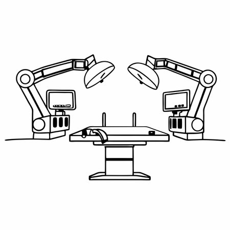 Minimalist silhouettes of robotic surgery equipment, showcasing advanced medical technology, precision, and innovation in healthcare. Perfect for healthcare branding, medical technology illustrations, and educational materials.のイラスト素材