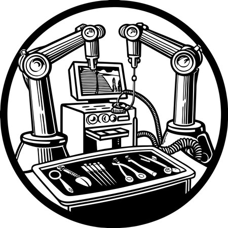Minimalist silhouettes of robotic surgery equipment, showcasing advanced medical technology, precision, and innovation in healthcare. Perfect for healthcare branding, medical technology illustrations, and educational materials.のイラスト素材