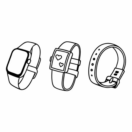 Minimalist silhouettes of wearable health trackers, representing fitness monitoring, advanced healthcare technology, and modern wellness solutions. Ideal for tech branding, health campaigns, and fitness-themed visuals.のイラスト素材