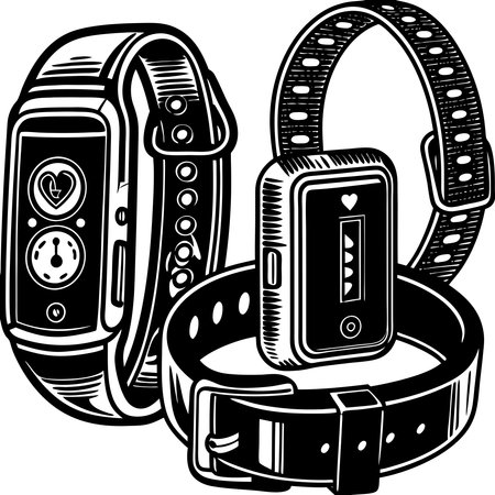 Minimalist silhouettes of wearable health trackers, representing fitness monitoring, advanced healthcare technology, and modern wellness solutions. Ideal for tech branding, health campaigns, and fitness-themed visuals.のイラスト素材