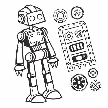 A detailed vector showcasing assembled and disassembled robot parts, representing innovation, engineering, and robotics technology.のイラスト素材