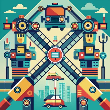 Vector design featuring robotic arms forming symmetrical shapes, ideal for tech, engineering, and futuristic-themed visuals.のイラスト素材