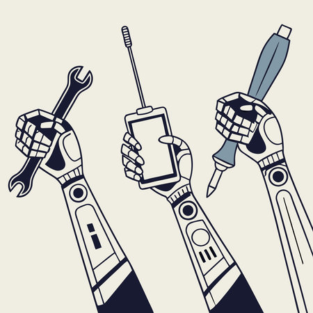 Vector illustration of stylized robotic hands grasping various objects, perfect for tech, AI, and futuristic designs.のイラスト素材