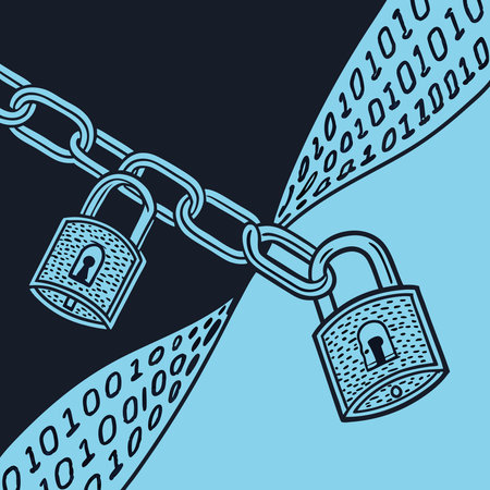 Vector illustration of binary codes overlaying padlock icons, perfect for cybersecurity, data...